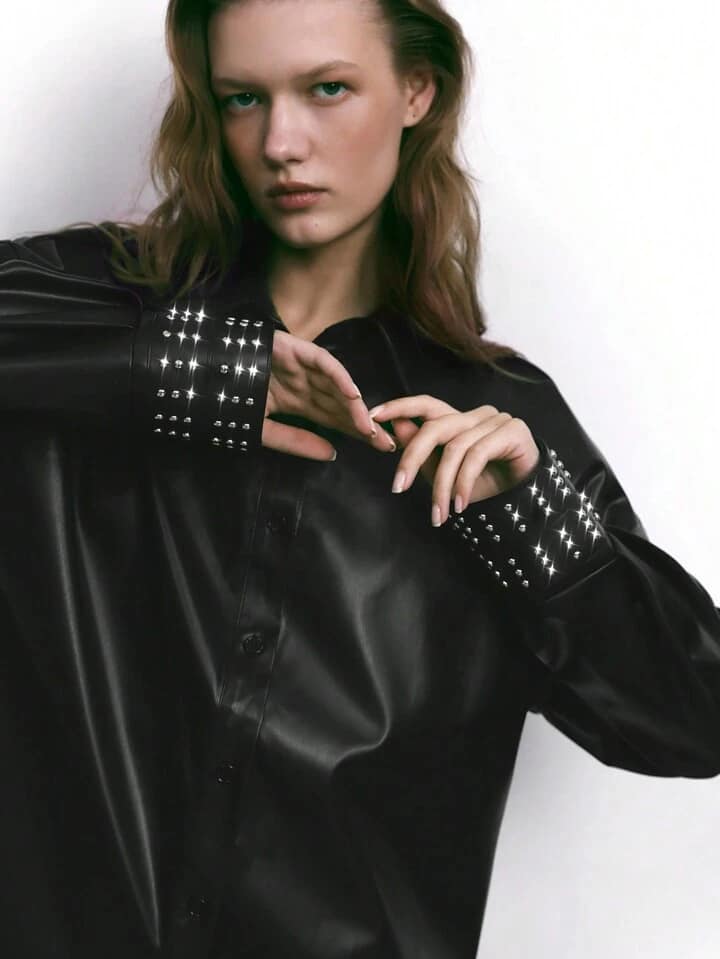 CM-TS366066 Women Elegant Seoul Style PU Leather Sleeve Pearl Decor Drop Shoulder Long Sleeve Shirt