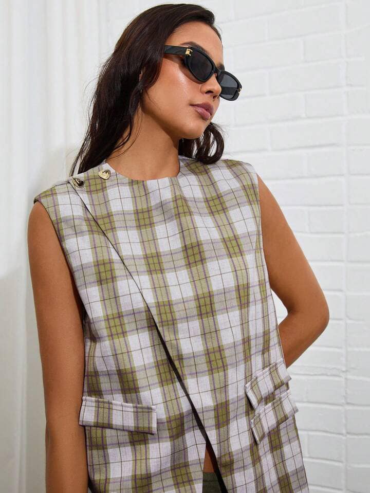 CM-TS266883 Women Casual Seoul Style Plaid Print Round Neck Sleeveless Split Hem Loose Blouse