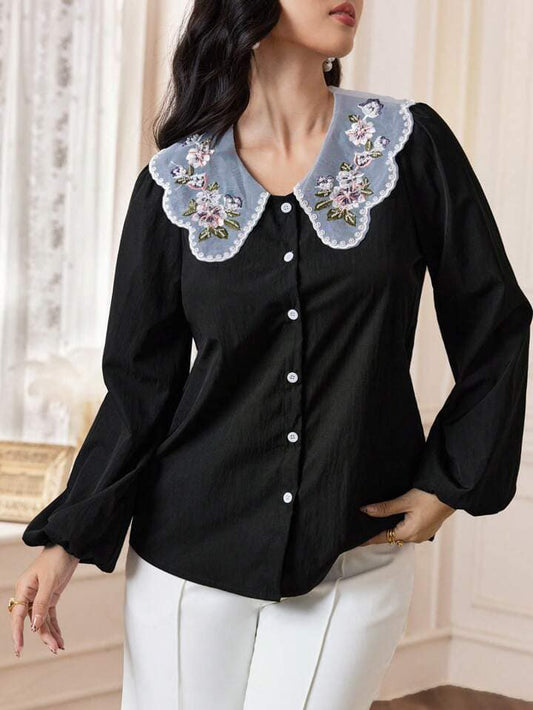 CM-TS200415 Women Casual Seoul Style Floral Embroidery Long Sleeve Button Front Blouse - Black