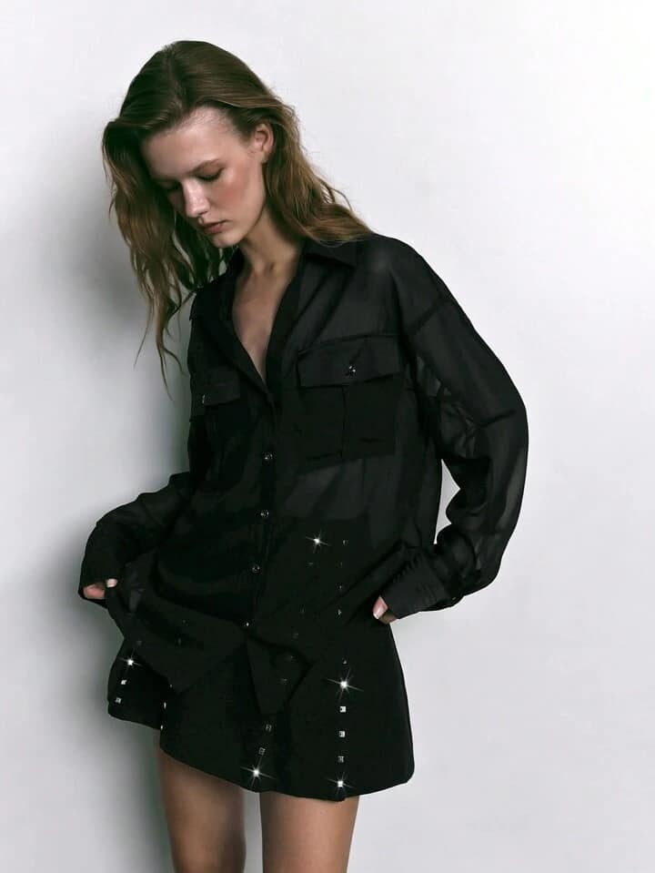 CM-TS260700 Women Elegant Seoul Style Button Drop Shoulder Long Sleeve Utility Pocket Mesh Shirt