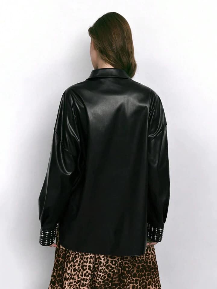 CM-TS366066 Women Elegant Seoul Style PU Leather Sleeve Pearl Decor Drop Shoulder Long Sleeve Shirt