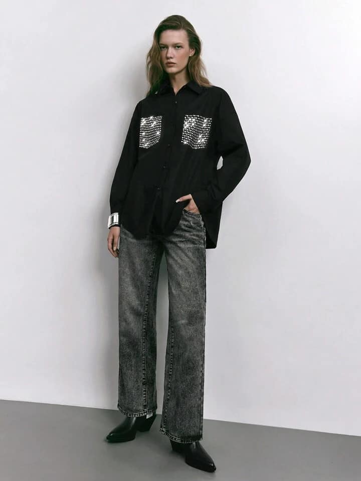CM-TS152565 Women Casual Seoul Style Round Square Rhinestone Decor Long Sleeve Blouse