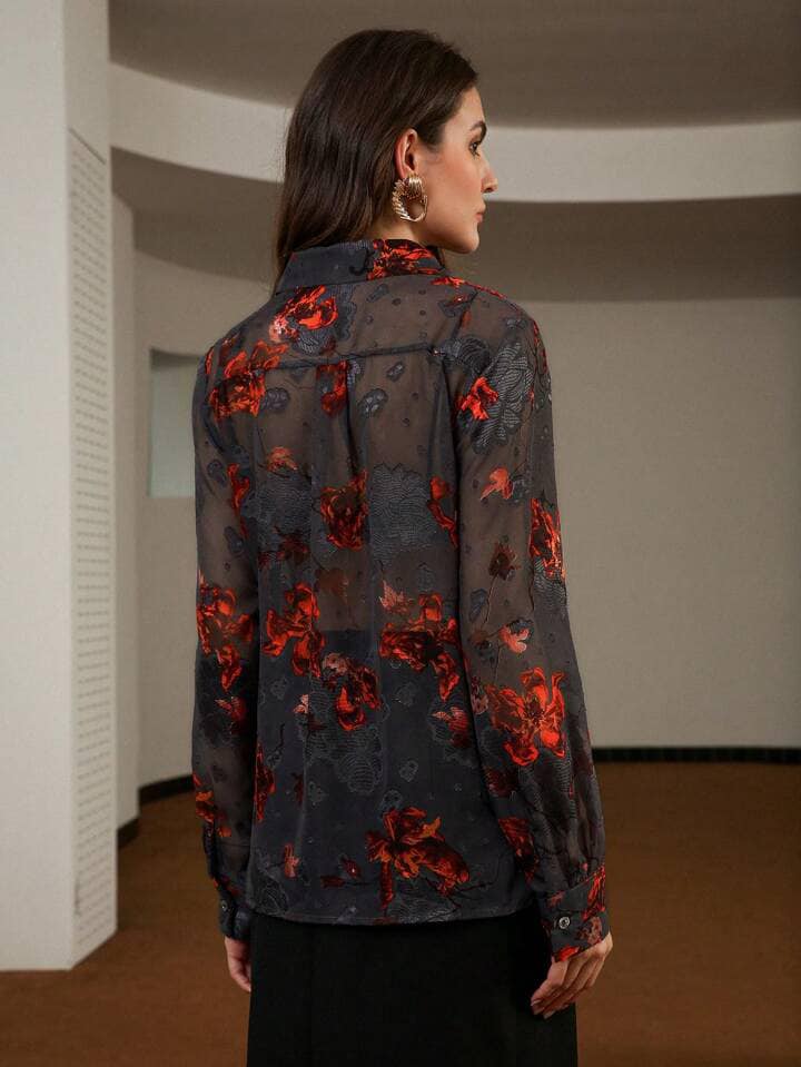 CM-TS401960 Women Casual Seoul Style Jacquard Cutout Embroidered Long Sleeve Sheer Blouse