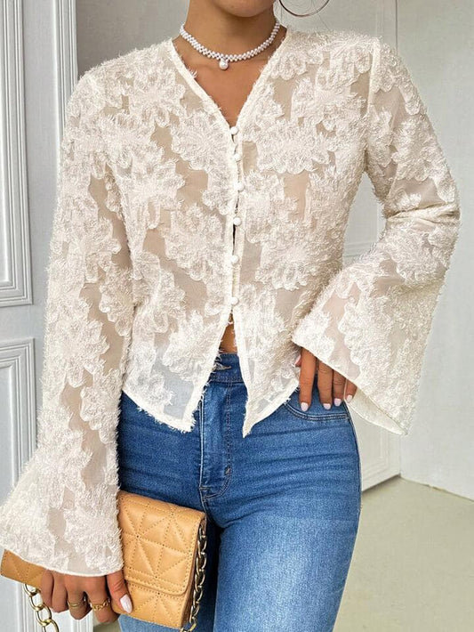 CM-TS393998 Women Casual Seoul Style Asymmetrical Hem Flare Sleeve Cut-Out Detail Shirt