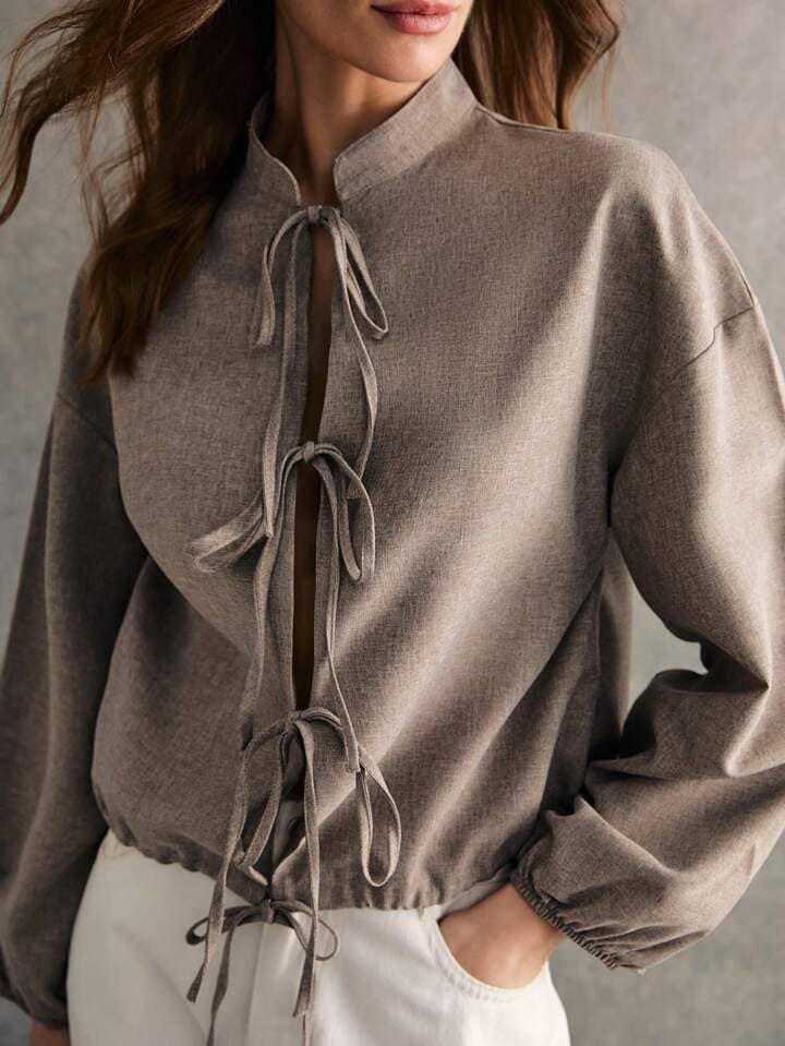 CM-TS599053 Women Casual Seoul Style Solid Color Stand Collar Tie-Up Lantern Sleeve Blouse