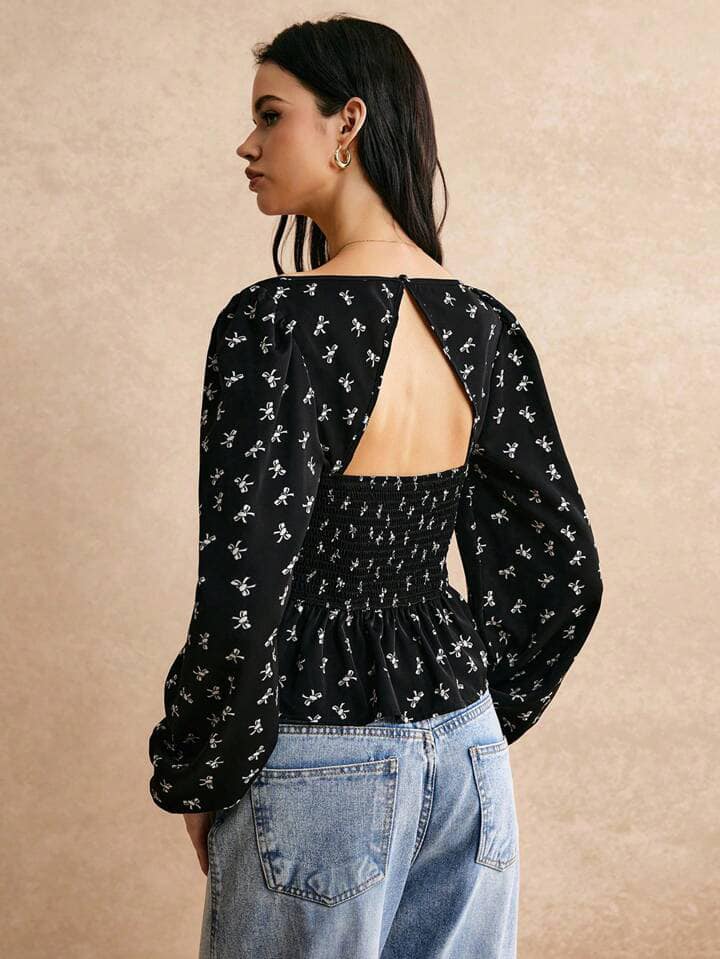 CM-TS388142 Women Casual Seoul Style Bow Print Sweetheart Collar Long-Sleeved Shirt - Black