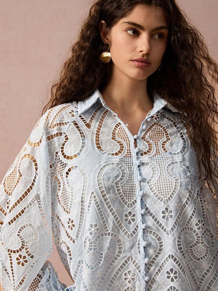 CM-TS100714 Women Elegant Seoul Style Hollow-Out Embroidered Raglan Sleeve Blouse - Blue