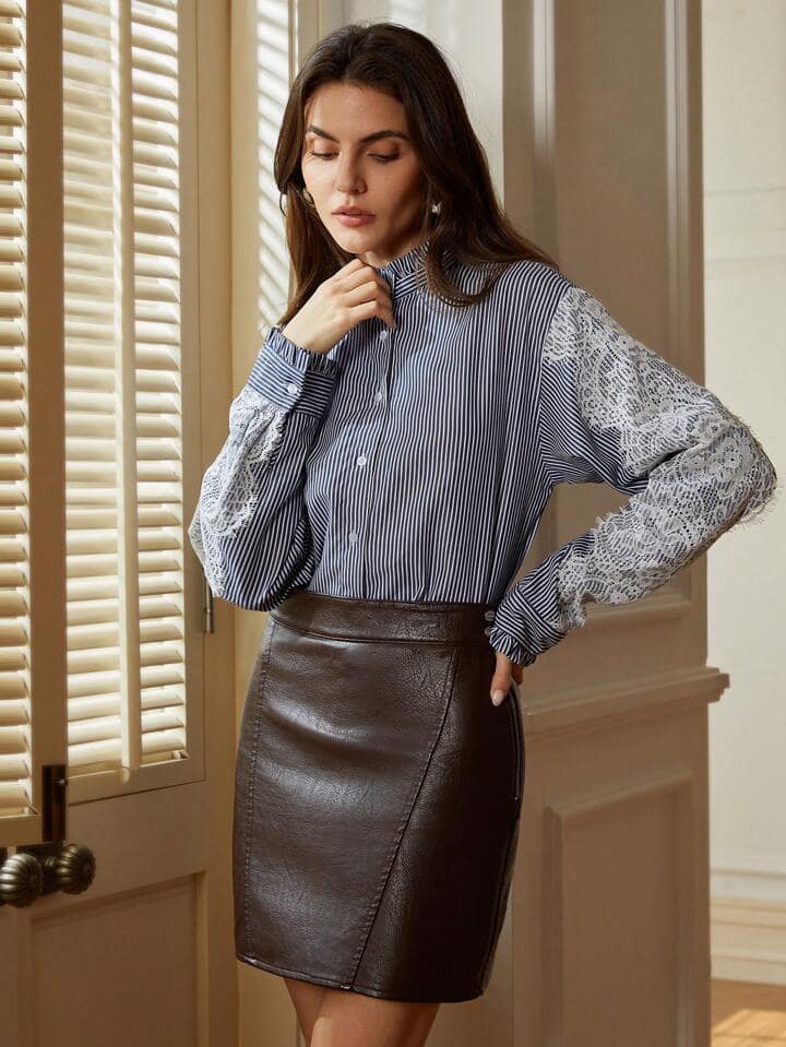 CM-TS118183 Women Casual Seoul Style Ruffle Collar Striped Lace Patchwork Long Sleeve Shirt
