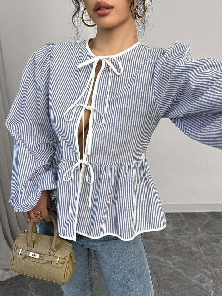 CM-TS132838 Women Casual Seoul Style Front Tie Long Sleeve Pleated Stripe Shirt - Blue