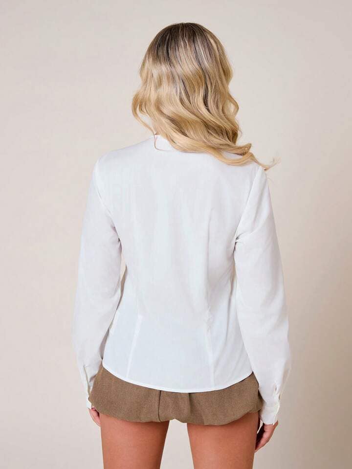 CM-TS055261 Women Casual Seoul Style Front Tie Bow Detail Long Sleeve Cinched Waist Shirt - White