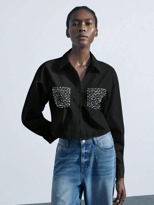 CM-TS337368 Women Casual Seoul Style Diamond Embellished Cut-Out Front Long Sleeve Shirt - Black