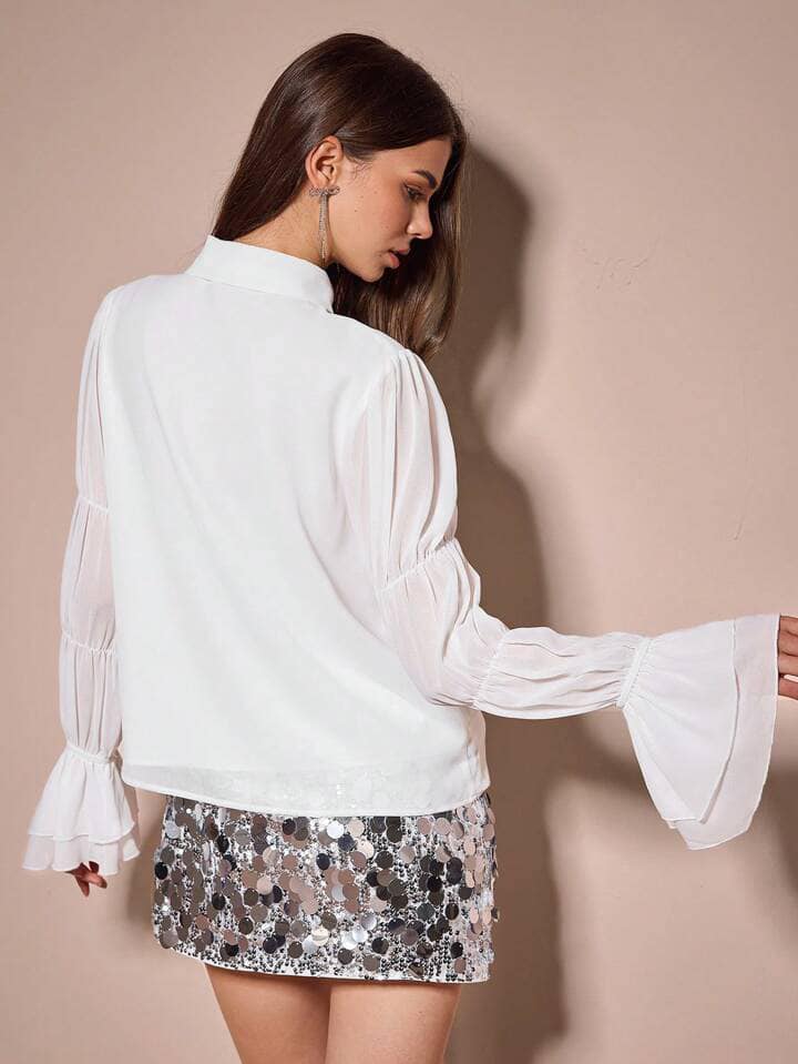 CM-TS241411 Women Elegant Seoul Style Bubble Multi-Layered Flared Cuffs Diamond Buttons Blouse