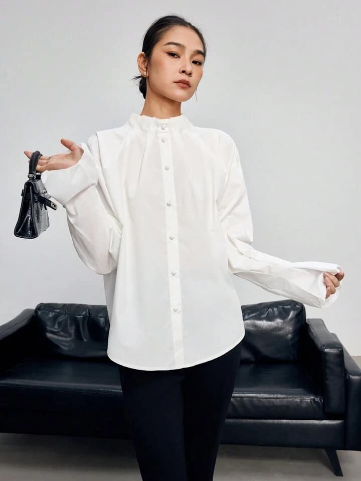CM-TS271117 Women Casual Seoul Style Stand Collar Long Sleeve Button Up Shirt - White