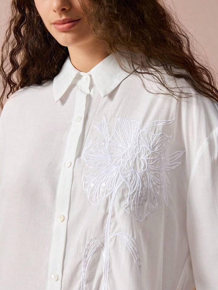 CM-TS222492 Women Casual Seoul Style Floral Jacquard Embroidery Loose Drop Shoulder Long Sleeve Shirt