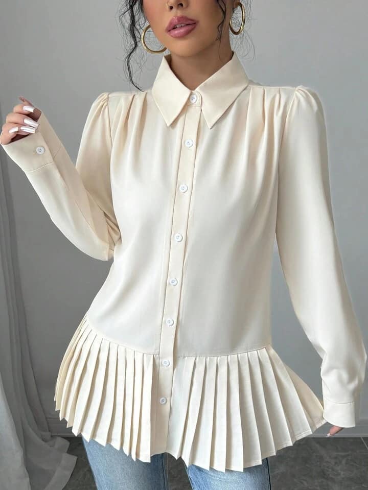 CM-TS222880 Women Casual Seoul Style Solid Color Collar Pleated Hem Long Sleeve Blouse
