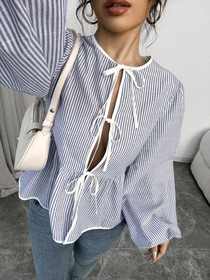CM-TS132838 Women Casual Seoul Style Front Tie Long Sleeve Pleated Stripe Shirt - Blue