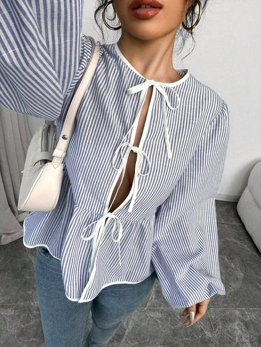 CM-TS132838 Women Casual Seoul Style Front Tie Long Sleeve Pleated Stripe Shirt - Blue