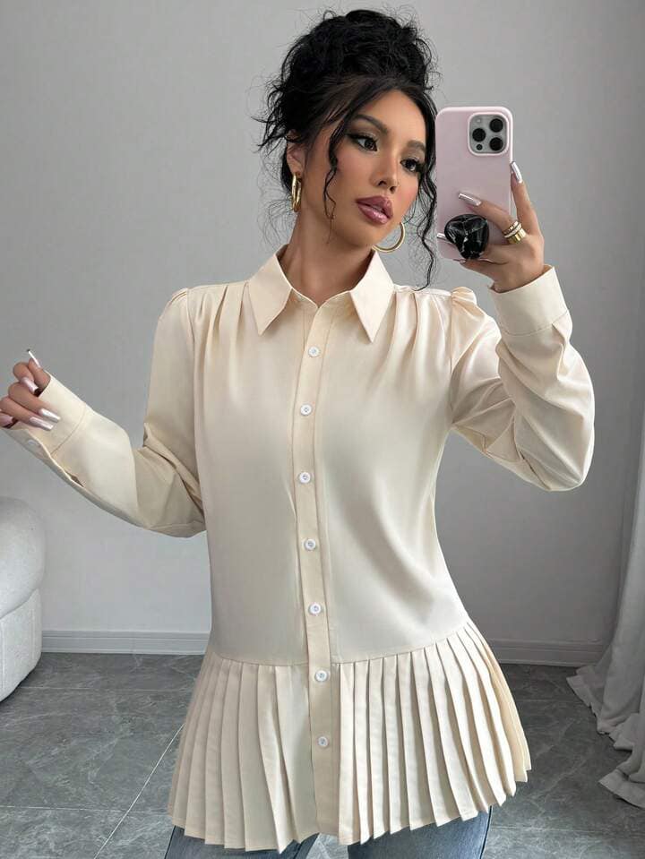 CM-TS222880 Women Casual Seoul Style Solid Color Collar Pleated Hem Long Sleeve Blouse
