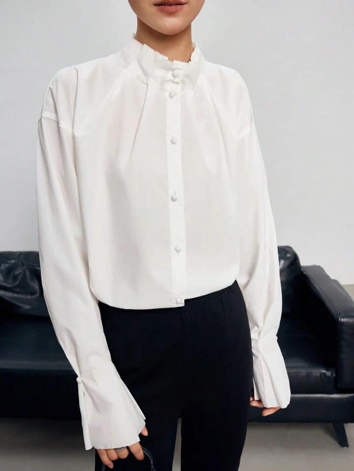 CM-TS271117 Women Casual Seoul Style Stand Collar Long Sleeve Button Up Shirt - White