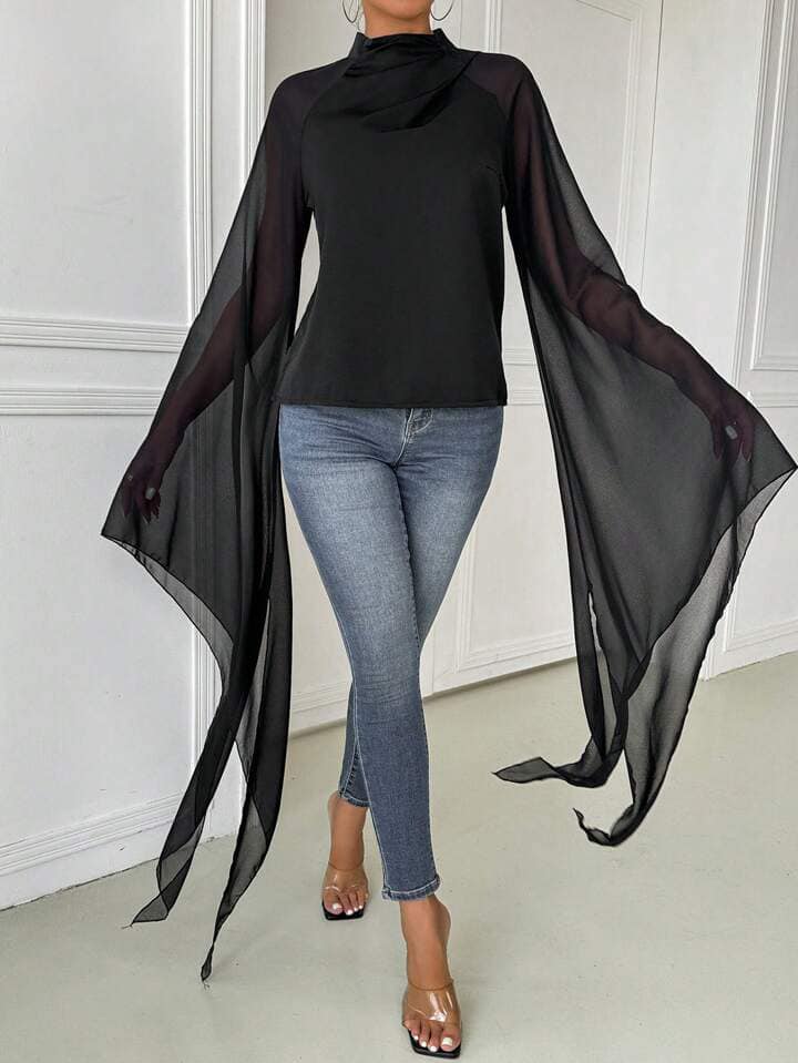 CM-TS992153 Women Casual Seoul Style Stand Collar Solid Color Batwing Sleeve Blouse - Black