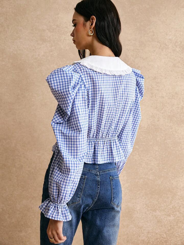 CM-TS885491 Women Casual Seoul Style Color Blocking Peter Pan Collar Gigot Sleeve Tie-Up Shirt