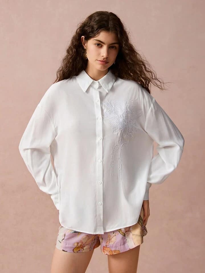 CM-TS222492 Women Casual Seoul Style Floral Jacquard Embroidery Loose Drop Shoulder Long Sleeve Shirt