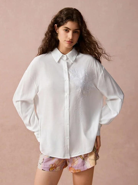 CM-TS222492 Women Casual Seoul Style Floral Jacquard Embroidery Loose Drop Shoulder Long Sleeve Shirt
