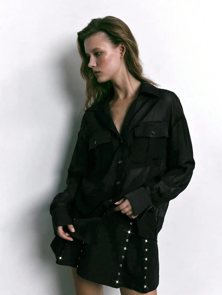 CM-TS260700 Women Elegant Seoul Style Button Drop Shoulder Long Sleeve Utility Pocket Mesh Shirt