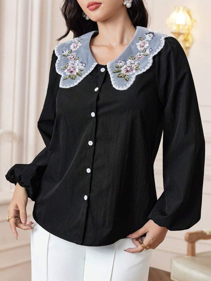 CM-TS200415 Women Casual Seoul Style Floral Embroidery Long Sleeve Button Front Blouse - Black