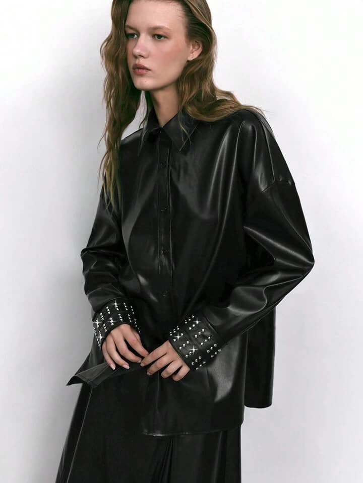 CM-TS366066 Women Elegant Seoul Style PU Leather Sleeve Pearl Decor Drop Shoulder Long Sleeve Shirt