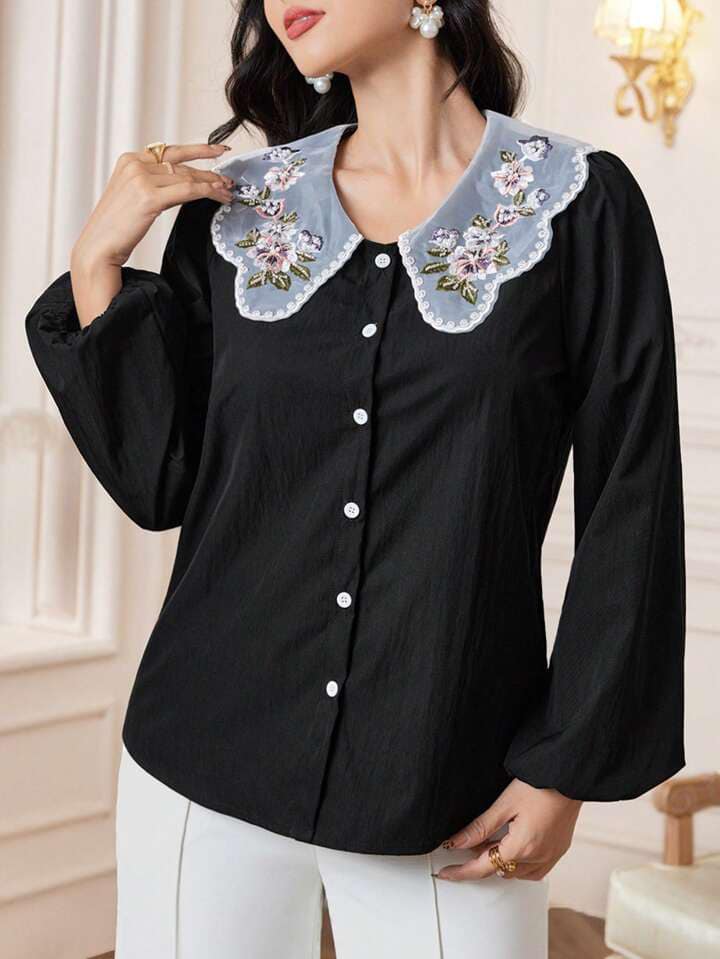 CM-TS200415 Women Casual Seoul Style Floral Embroidery Long Sleeve Button Front Blouse - Black