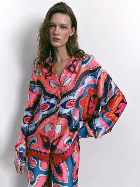 CM-TS681551 Women Casual Seoul Style All-Over Printed Faux Button Down Collar Shirt