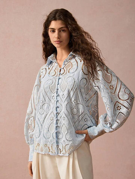 CM-TS100714 Women Elegant Seoul Style Hollow-Out Embroidered Raglan Sleeve Blouse - Blue