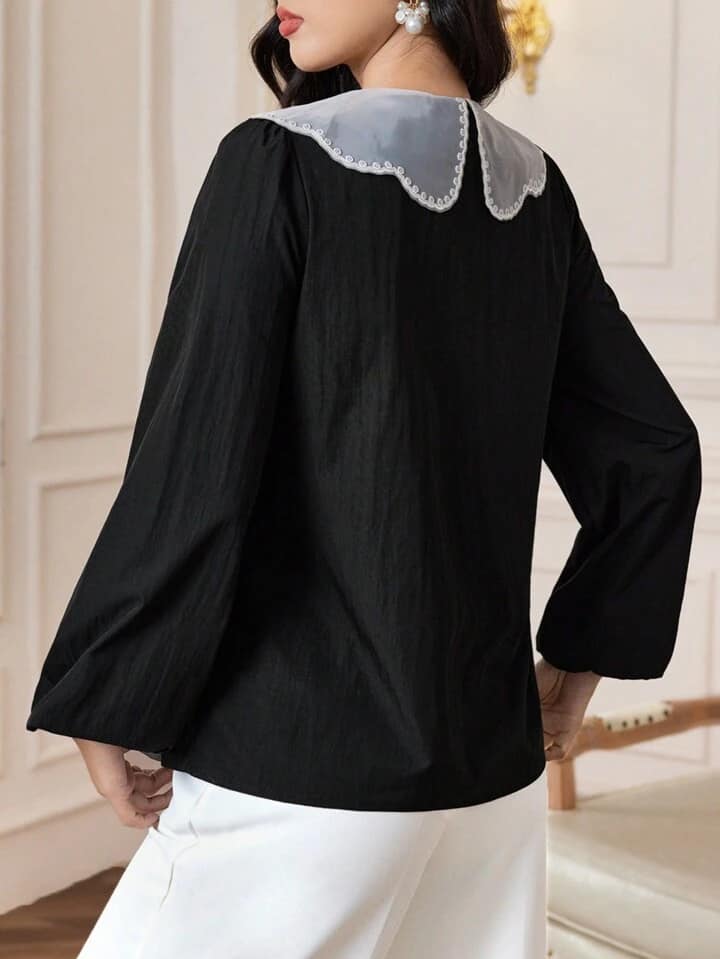 CM-TS200415 Women Casual Seoul Style Floral Embroidery Long Sleeve Button Front Blouse - Black