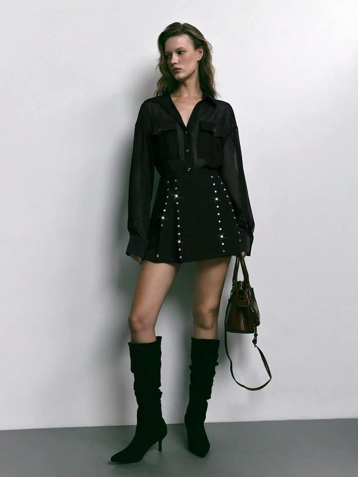 CM-TS260700 Women Elegant Seoul Style Button Drop Shoulder Long Sleeve Utility Pocket Mesh Shirt