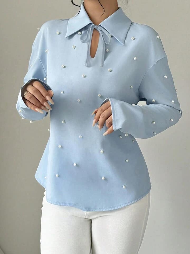 CM-TS694707 Women Elegant Seoul Style Tie Neck Pearl Embellished Long Sleeve Blouse - Blue