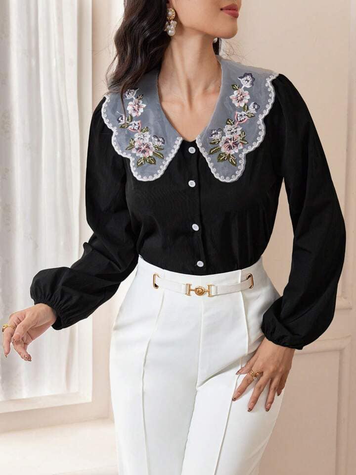 CM-TS200415 Women Casual Seoul Style Floral Embroidery Long Sleeve Button Front Blouse - Black