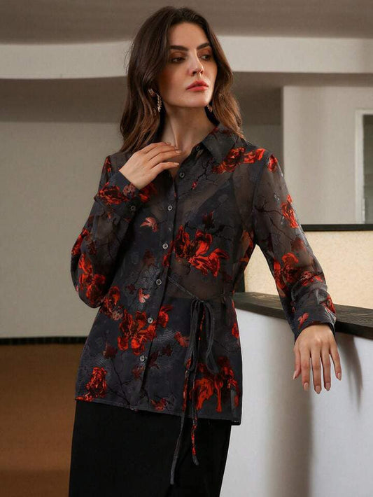 CM-TS401960 Women Casual Seoul Style Jacquard Cutout Embroidered Long Sleeve Sheer Blouse