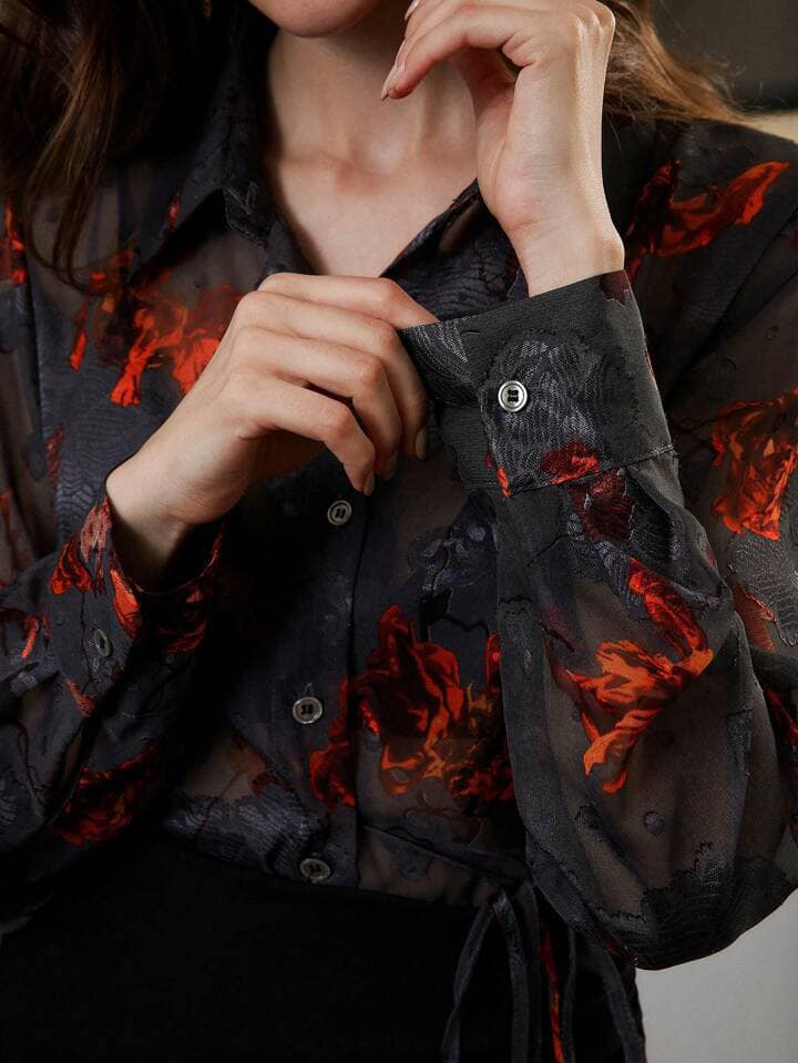 CM-TS401960 Women Casual Seoul Style Jacquard Cutout Embroidered Long Sleeve Sheer Blouse