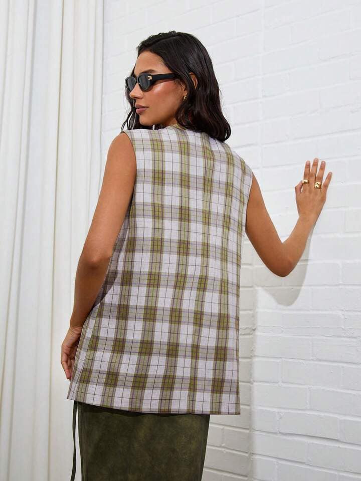 CM-TS266883 Women Casual Seoul Style Plaid Print Round Neck Sleeveless Split Hem Loose Blouse