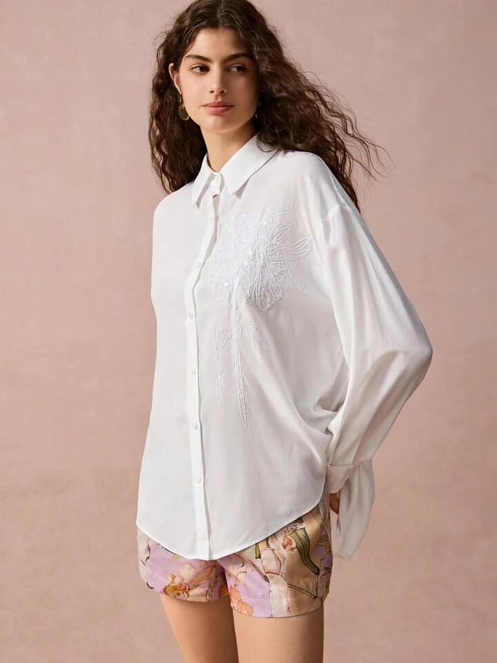 CM-TS222492 Women Casual Seoul Style Floral Jacquard Embroidery Loose Drop Shoulder Long Sleeve Shirt