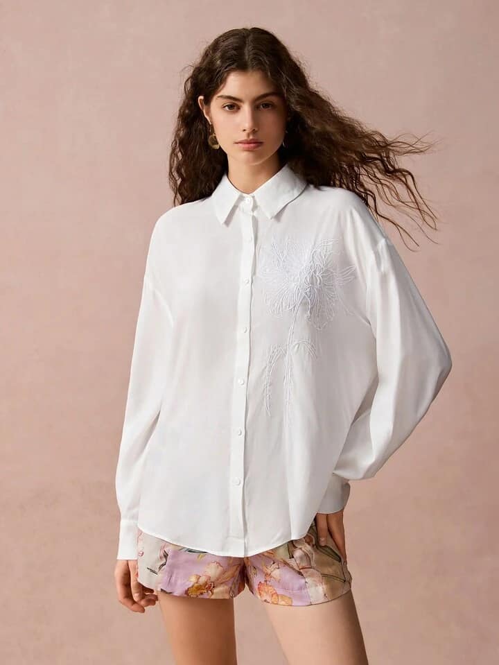 CM-TS222492 Women Casual Seoul Style Floral Jacquard Embroidery Loose Drop Shoulder Long Sleeve Shirt