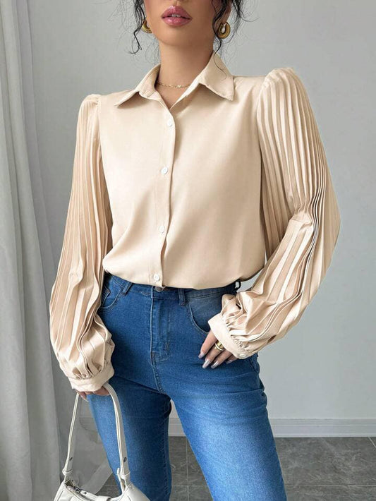 CM-TS388840 Women Casual Seoul Style Solid Color Front Button Long Sleeve Pleated Shirt - Khaki