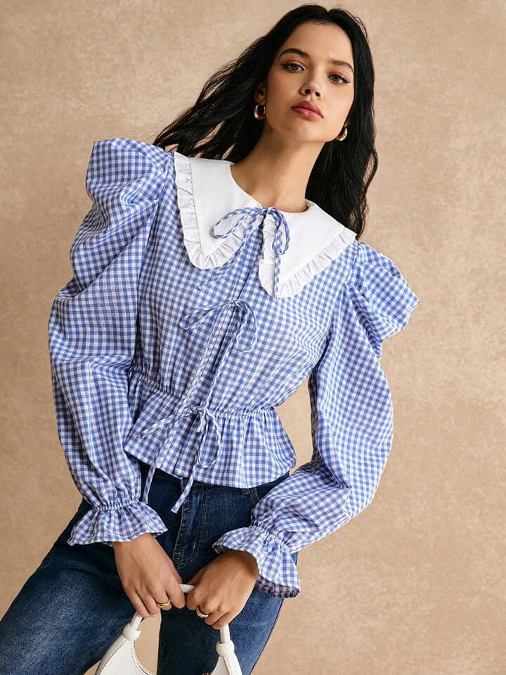 CM-TS885491 Women Casual Seoul Style Color Blocking Peter Pan Collar Gigot Sleeve Tie-Up Shirt