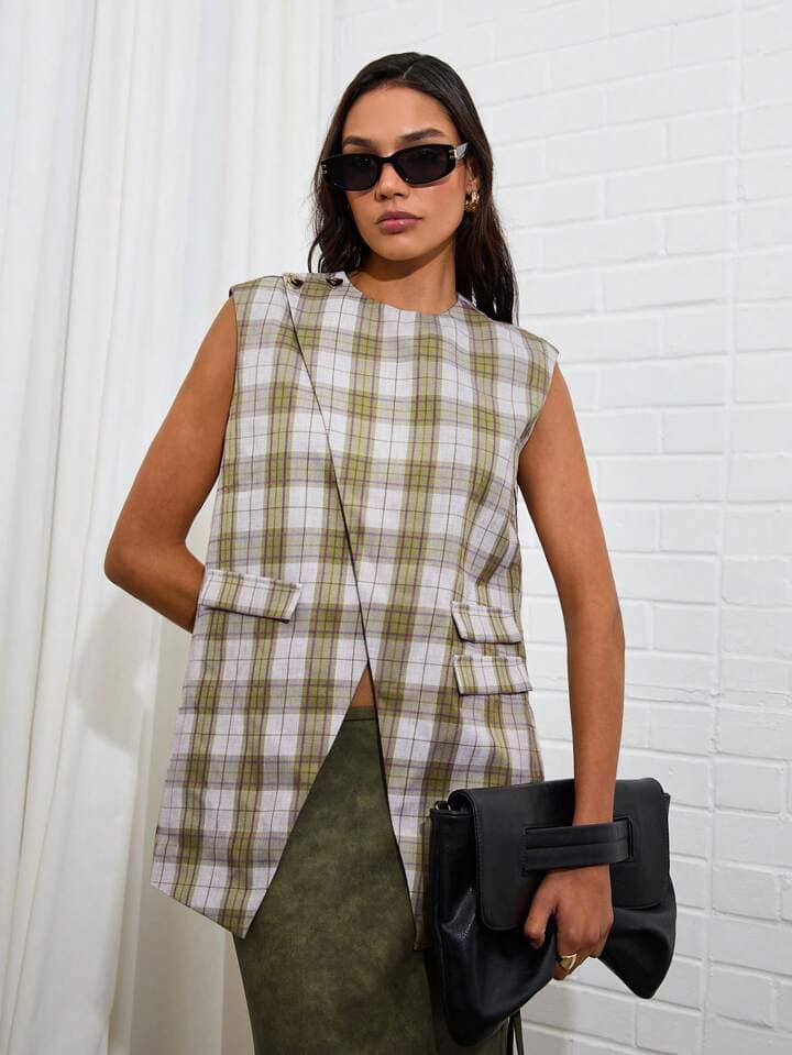 CM-TS266883 Women Casual Seoul Style Plaid Print Round Neck Sleeveless Split Hem Loose Blouse