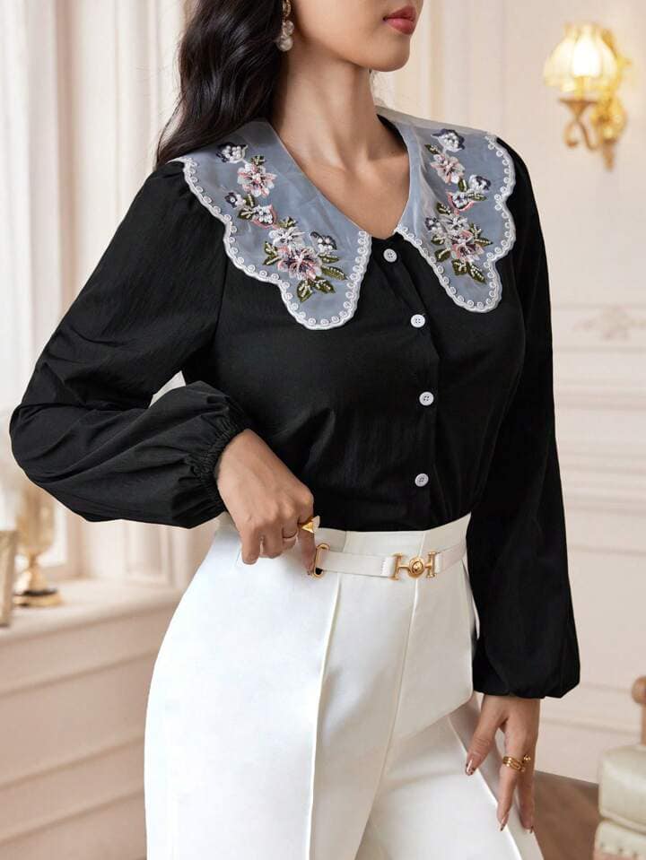 CM-TS200415 Women Casual Seoul Style Floral Embroidery Long Sleeve Button Front Blouse - Black