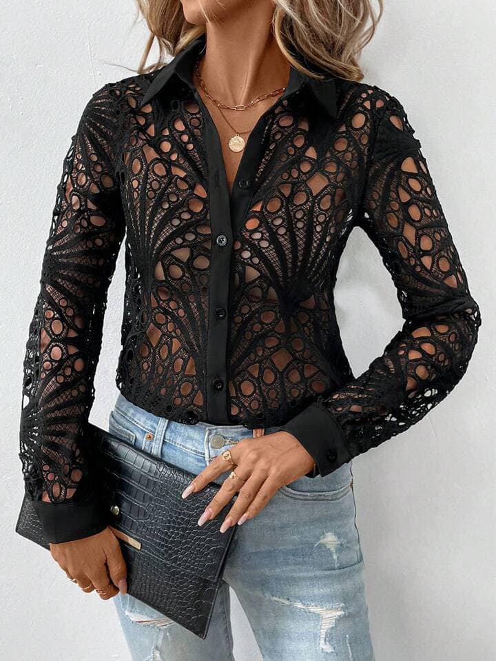 CM-TS461786 Women Casual Seoul Style Collar Neckline Drop Shoulder Lace Sheer Shirt - Black