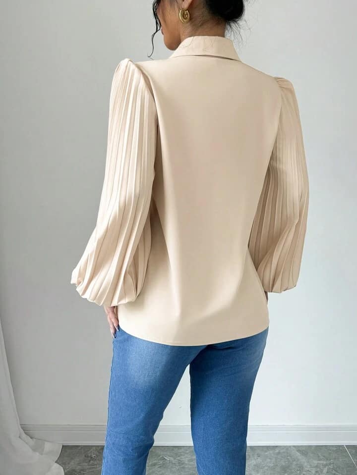 CM-TS388840 Women Casual Seoul Style Solid Color Front Button Long Sleeve Pleated Shirt - Khaki