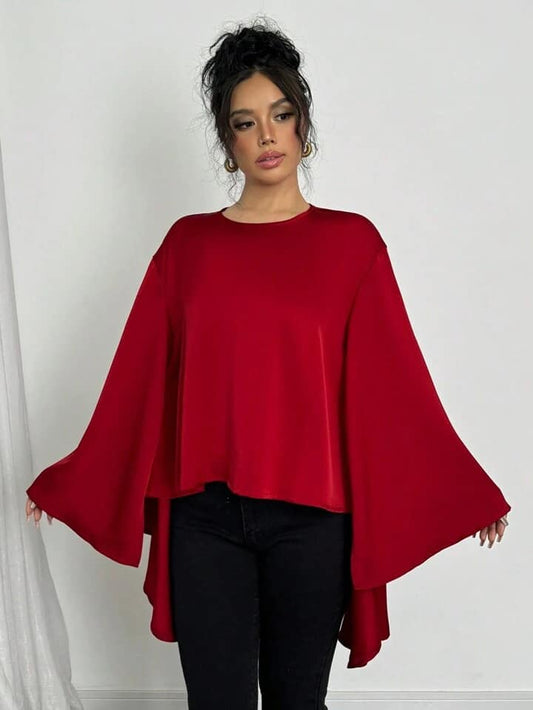 CM-TS006314 Women Casual Seoul Style Solid Color Mandarin Collar Front Short Back Long Blouse