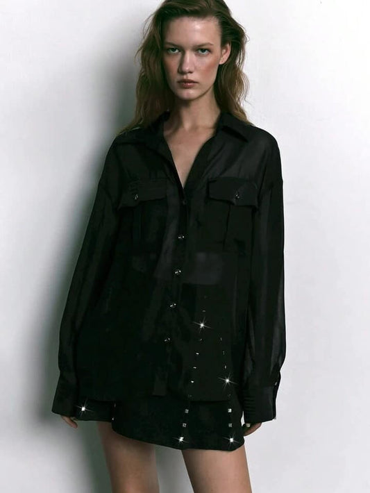CM-TS260700 Women Elegant Seoul Style Button Drop Shoulder Long Sleeve Utility Pocket Mesh Shirt